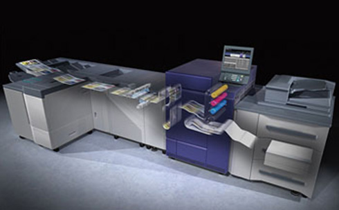 Konica Minolta C7090 colour production press, shown with the document feeder open