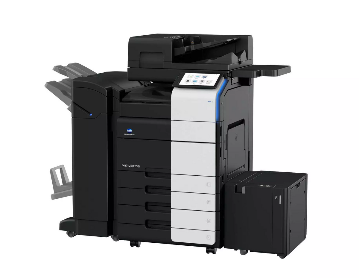 Konica Minolta C450i colour office multifunction copier, side profile showing the paper drawers