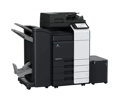 Konica Minolta 750i production press, shown with the document feeder open