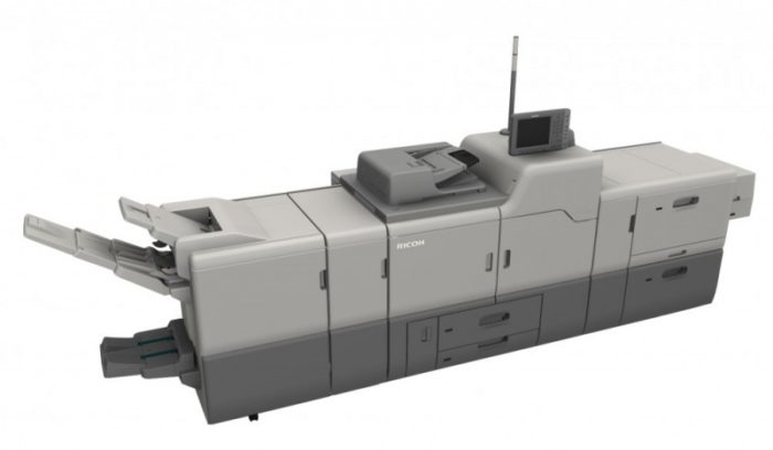 Ricoh 7110X production press, side profile showing the paper drawers