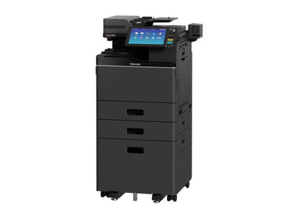 Toshiba 2018A black and white desktop multifunction printer, side profile showing the paper drawers