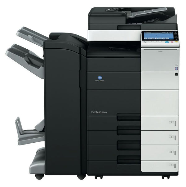 Konica Minolta 554e black and white office multifunction copier, front view